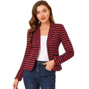 Notched Lapel Pocket Button Closure Striped Blazer Red Blue